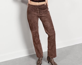 BROWN SUEDE PANTS Vintage Low Rise Woman Cowgirl / 42.5 Inch Hips / Size 12