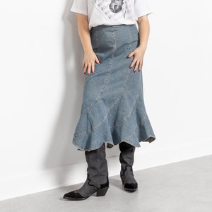 Y2K DENIM SKIRT Vintage Jean Maxi Woman Ruffles / 34 Inch Waist