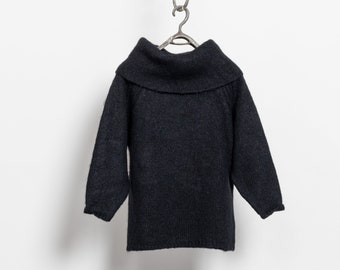 BLACK MOHAIR TURTLENECK Oversize Boxy Longline Fuzzy Wool Jumper Sweater Fall Winter / Medium Large