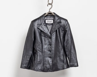 BLACK LEATHER BLAZER Vintage Jacket Coat Woman Fall Spring 90's / Medium Large