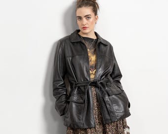 SCHWARZES LEDER BLAZER Vintage Mantel Jacke Trench Belted Frühling Herbst Frau 90er Jahre / Large