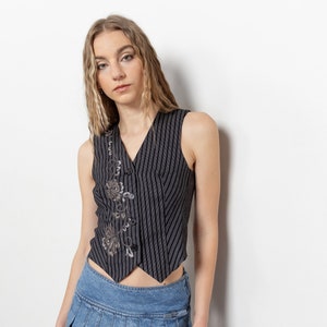 CROPPED STRETCH VEST Y2K 90'S Vintage Pin Stripes Embroidered Le Chateau Canada / Xs Small