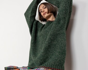 GREEN WOOL SWEATER Vintage Knit Heather Speckled Oatmeal Pullover Jumper 90's Oversize / Large Extra Large