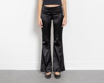 FLARED SATIN PANTS Y2K Vintage Stretchy Shiny Low Rise Trousers 90's Woman Black / 34 Inch Hips / Size 0