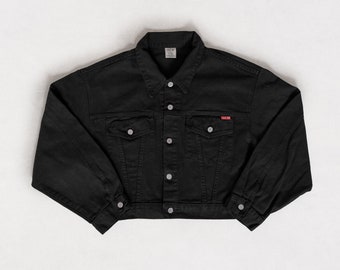 BLACK CROPPED DENIM Jacket Jean Vintage Oversize Large / Xl Extra Large