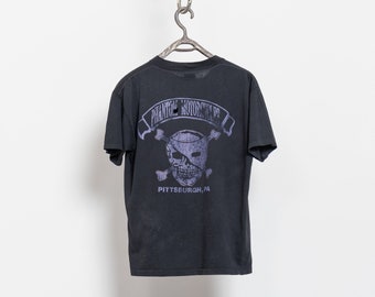 AMERICAN BIKER RIPPED Rose Eagle Vintage Dyed Black Over-Dyed Soft Thin Tee / Medium