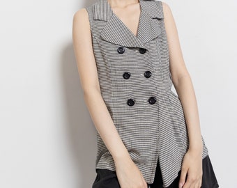 GINGHAM COLLARED WESTE Button Up Zweireiher Tank Top Ärmellos 90er Schwarz Creme/Small