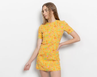60S FLORAL MINI DRESS Yellow Spring Summer Cute Handmade Vintage / Xs Extra Small