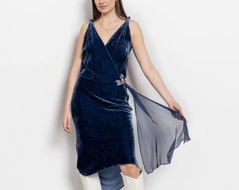 BLUE SILK VELVET Midi Dress Vintage Spring Wedding Y2K Beaded Sequin / Medium