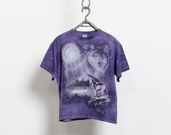 TIE DYE WOLVES Wolf Moonlight Moon Graphic Tee Nature Scene Purple Oversize The Mountain / Medium Large