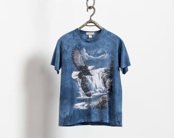 WATERFALLS EAGLE TIE Dye Y2K Graphic Tees Oversize Vintage Short Sleeves Blue Outdoors Scene / Medium Large