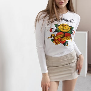 ED HARDY T-SHIRT Vintage White Long Sleeve Crew Neck Y2K Tattoo Sheer Cotton Small Fit image 3