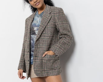 MENSWEAR HOUNDSTOOTH BLAZER wool oversize vintage jacket coat plaid tweed brown / Large Xl Extra Large