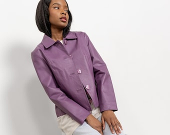 PURPLE LEATHER JACKET Vintage Coat Woman Spring Fall 90's Oversize / Medium