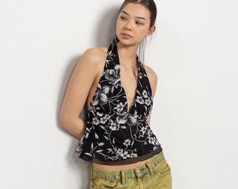MESH FLORAL HALTER Top Vintage Backless Tie Up Low Cut Y2K / Small