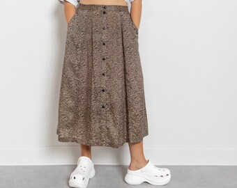 SILK MIDI SKIRT Vintage A-Line Animal Print Flowy Pockets Woman Spring Summer 90's / Extra Large