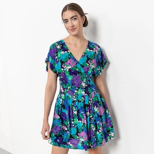 FLORAL MINI DRESS Wrap Vintage Blue Cap Sleeves Flowy Mini / Medium