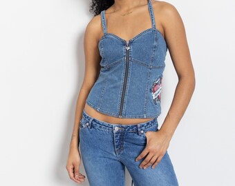 DENIM HARLEY TANK Strappy Sommer Y2K Bejeweled Gesticktes Motorrad Davidson Top offiziell / Medium Large