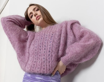 PINK FUZZY GRANNY Batwing Mohair Jumper Sweater Handmade Loose Weave Sheer Mauve / Medium