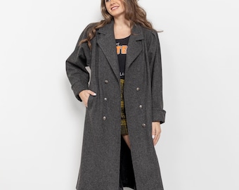 Vintage 90s Wool Trench Coat: Grey Double Breasted Oversized