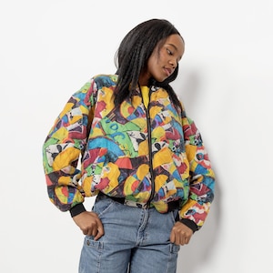 SILK BOMBER JACKET Vintage Rainbow Pattern Abstract Zipper Light Coat Woman 90&#39;s / Large Extra Large Xl