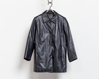 BLACK LEATHER TRENCH Midi Jacket Vintage Oversize Boxy Collared / Medium Large