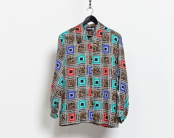 SILK GEOMETRIC COLLARED shirt long sleeves vintage oxford oversize light as air / Small