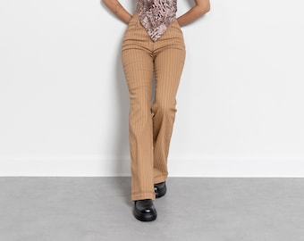 DIANE Gilman LOW RISE Y2K Jeans vintage women 2000's Denim low waist flares Pin Stripes Caramel Brown Tan / 40 Inch Hips / Size 8 9