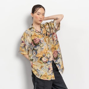 SILK SHIRT OXFORD Vintage Oversize Light Summer Breezy Abstract Pocket / Large
