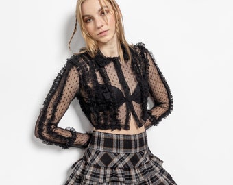 SHEER BLACK MESH Vintage Crop Top Cropped Delicate / Small