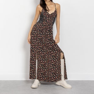 FLORAL MAXI DRESS Ditzy Vintage Spring Fall Boho Hippie Spaghetti Straps / Small