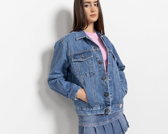 Vintage Guess Denim Jacket, Medium Wash Cotton Trucker, 90s Boxy Fit