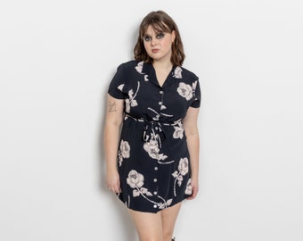 BLACK FLORAL MINI Dress Vintage Graphic Button Up Shirt Dress Spring Summer Minimal / Large Extra Xl