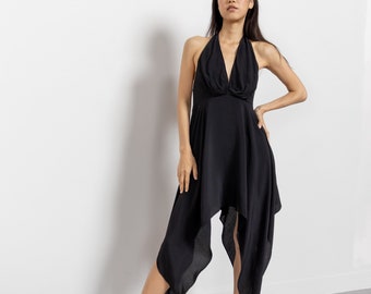 HALTER DRESS Summer Y2K Midi Hanky Hem Vintage Black / Small Medium