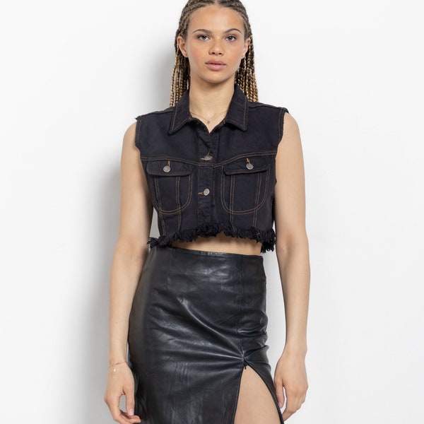 BLACK CROPPED VEST Frayed Hem Cut Off Jean Crop Top Sleeveless / Small Medium