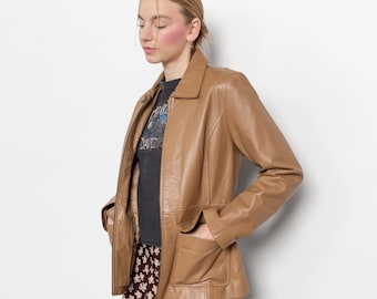 BROWN LEATHER BLAZER Vintage Jacket Coat Trench Woman Spring Fall 90's / Small