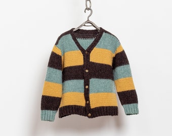 CHUNKY WOOL STRIPE Cardigan Cardi Sweater Jumper Mustard Mint Oversize Knitwear / Large Xl Extra Large