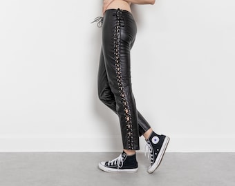 LACE UP LEATHER Vintage Pants Skinny Black Low Rise Ankle 2000's / 40 41 Inch Hips / Size / 8 - 10