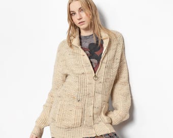 IRISH WOOL CARDIGAN Vintage Fisherman Cream Cable Knit Crew Neck Sweater 90's / Medium