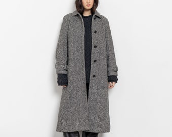 HERRINGBONE WOOL COAT Vintage Grey Geoetric Trench Midi Fall Winter 90's / Medium