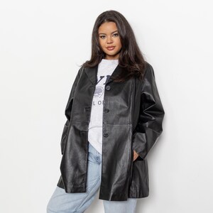 BLACK LEATHER BLAZER Vintage Jacket Coat Women Fall Spring 90&#39;s / Extra Large 2X XxL