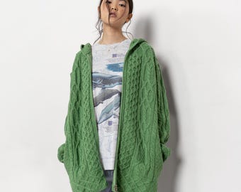 IRISH WOOL CARDIGAN Vintage Hoody Zip Up Cable Knit Sweater Oversize / Large