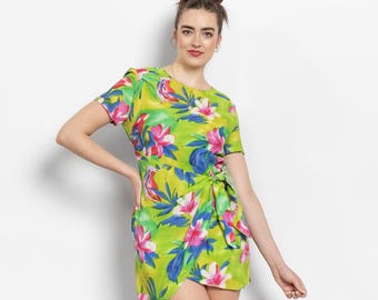 FLORAL WRAP DRESS Vintage Mini Flowy Lime Green Tropical 80's / Medium