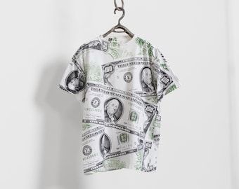 MONEY T-SHIRT VINTAGE Xl Oversize White Cotton Crew Neck Print Allover Cash