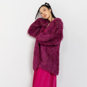 FUZZY PINK CARDIGAN Vintage Midi Long Bright Magenta Hairy Textured Sweater 90's Oversize / Medium Large image 1