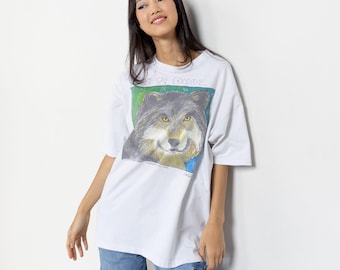 WOLF ART SHIRT Tee weiß Baumwolle Kurze Ärmel Oversize Umweltschützer Natur Eco / Large Xl