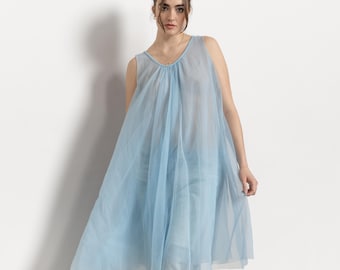 BLUE NIGHTIE Mesh Nylon Tent Dress Sheer See Through 70's Vintage / Medium