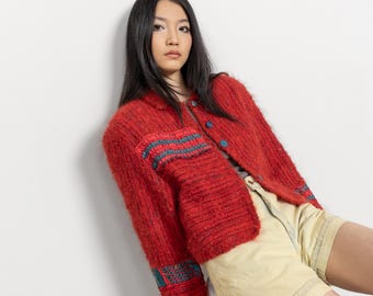 Vintage 90s Mohair Cropped Blazer: Red Woven Stripe Jacket, S/M