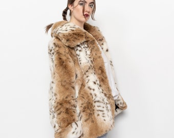 FAUX FUR COAT Vintage Leopard Animal Print Midi Jacket Vegan