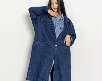 DENIM TRENCHJAS Jeansjack oversized maxi donkere wassing vintage jas / medium large